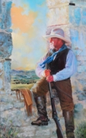 Loud Sanders Albright oil painting man holding a rife looking out old stone window with buffalo in the distance American Plains Artists