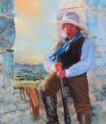 Loud Sanders Albright oil painting man holding a rife looking out old stone window with buffalo in the distance American Plains Artists