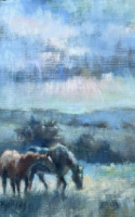 Roberta Barnes oil painting two horses in a field American Plains Artists