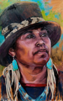 Veronica Brown oil painting of a medicine woman Indian with hat American Plains Artists