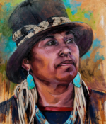 Veronica Brown oil painting of a medicine woman Indian with hat American Plains Artists