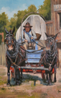 Veronica Brown oil painting rider and mules pulling a wagon American Plains Artists