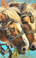 Veronica Brown oil painting two horse heads with decorative bridles American Plains Artists