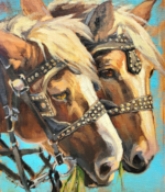 Veronica Brown oil painting two horse heads with decorative bridles American Plains Artists