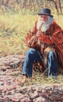 Charlie Bullock oil painting old mountain man playing a flute American Plains Artists