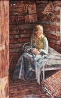 Charlie Bullock oil painting girl sitting on bed in old cabin home American Plains Artists