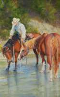 Pam Bunch oil painting cowboy with horses in shallow stream American Plains Artists