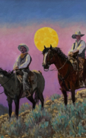 Gary Byrd oil painting Cowboy riders on hill with rising moon in the background American Plains Artists