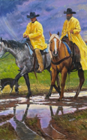 David Dorsey acrylic painting of cowboys on horses wearing yellow rain slickers American Plains Artists