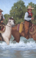 Jean Green painting of cowboy riders on horses riding through river American Plains Artists