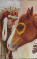 Jennifer Hunter watercolor painting Indian man in headdress with horse American Plains Artists