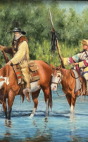 Robin Ingle painting horse riders in water American Plains Artists