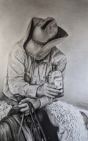 Lori Jones charcoal and graphite drawing cowboy holding liquor bottle sitting on horse American Plains Artists