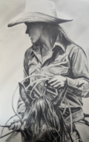 Lori Jones charcoal drawing self portrait cowgirl on horse American Plains Artists