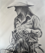 Lori Jones charcoal drawing self portrait cowgirl on horse American Plains Artists