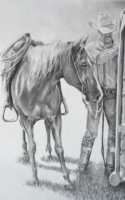 Lori Jones charcoal and graphite drawing of horse and cowboy American Plains Artists