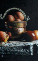 Eileen Nistler colored pencil drawing still life eggs in brass pot American Plains Artists