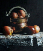 Eileen Nistler colored pencil drawing still life eggs in brass pot American Plains Artists