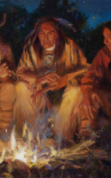 Sherry Blanchard Stuart oil painting three Indians sitting by campfire American Plains Artists