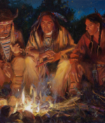 Sherry Blanchard Stuart oil painting three Indians sitting by campfire American Plains Artists