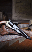 Jason Tenison oil painting western still life with gun and holster on table American Plains Artists