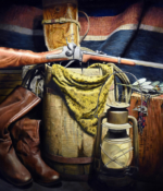 Jason Tenison oil painting western still life with rifle boots lantern American Plains Artists