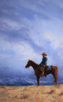 Sandie Whitman oil painting cowboy on horse distant mountain stormy sky American Plains Artists