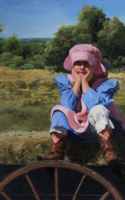 Sandie Whitman oil painting girl sitting on hay bale in wagon field and trees behind American Plains Artists