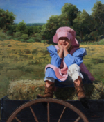 Sandie Whitman oil painting girl sitting on hay bale in wagon field and trees behind American Plains Artists